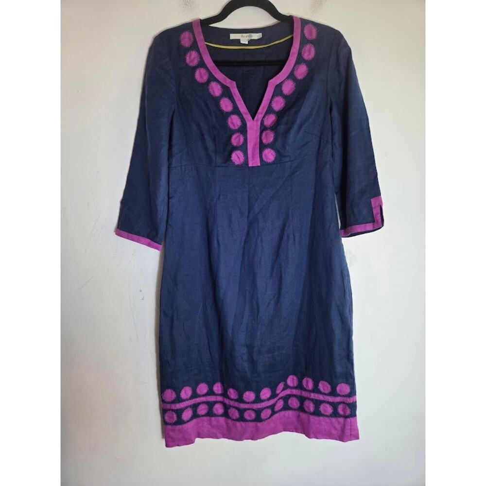 Boden Navy Blue w/Purple Embroidery Aplique 100% Linen Shift Dress size 6Long